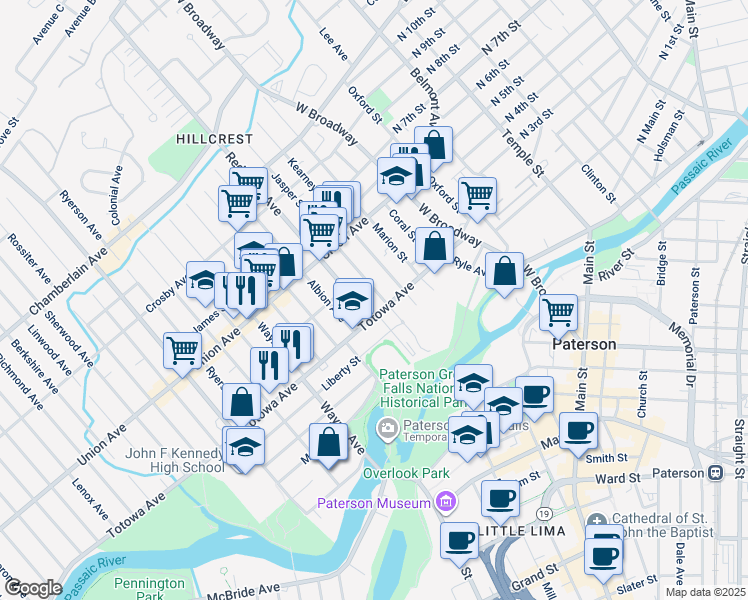 map of restaurants, bars, coffee shops, grocery stores, and more near 9 Redwood Avenue in Paterson