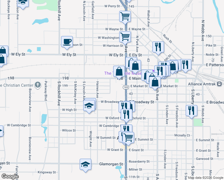 map of restaurants, bars, coffee shops, grocery stores, and more near 206 Geiger Avenue in Alliance