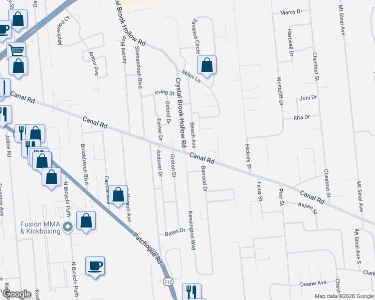 map of restaurants, bars, coffee shops, grocery stores, and more near 205 Crystal Brook Hollow Road in Port Jefferson Station