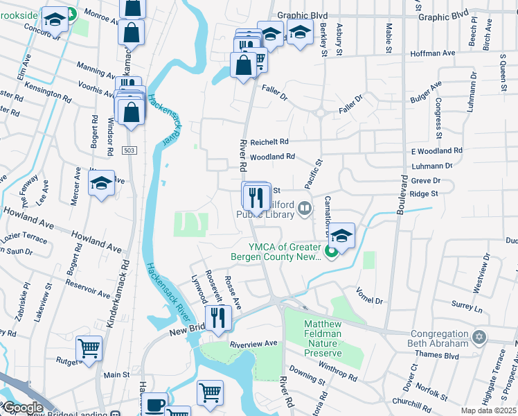 map of restaurants, bars, coffee shops, grocery stores, and more near 1035 River Road in New Milford