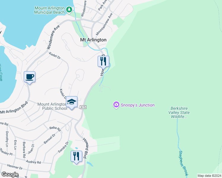map of restaurants, bars, coffee shops, grocery stores, and more near 298B Howard Boulevard in Mount Arlington