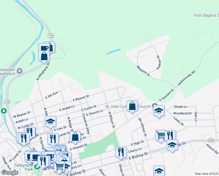 map of restaurants, bars, coffee shops, grocery stores, and more near 523 East Beaver Street in Bellefonte