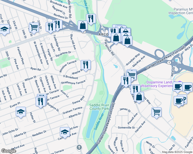 map of restaurants, bars, coffee shops, grocery stores, and more near 5 Saddle River Road in Fair Lawn