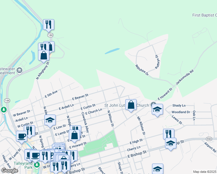 map of restaurants, bars, coffee shops, grocery stores, and more near 523 East Beaver Street in Bellefonte