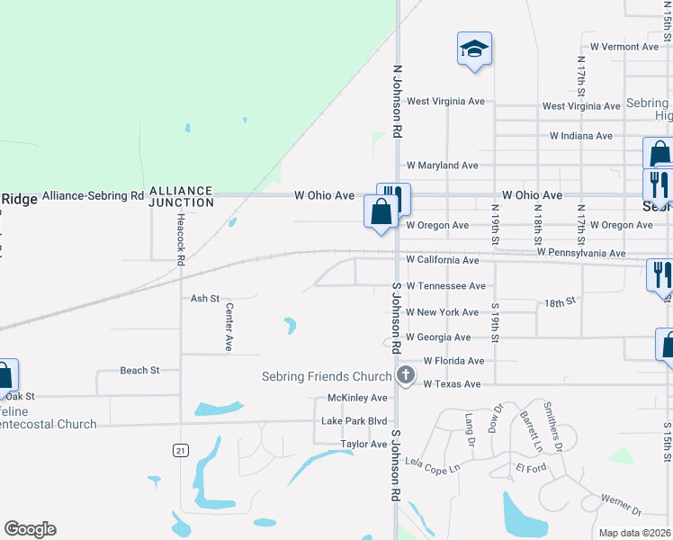 map of restaurants, bars, coffee shops, grocery stores, and more near 836 West Tennessee Avenue in Sebring