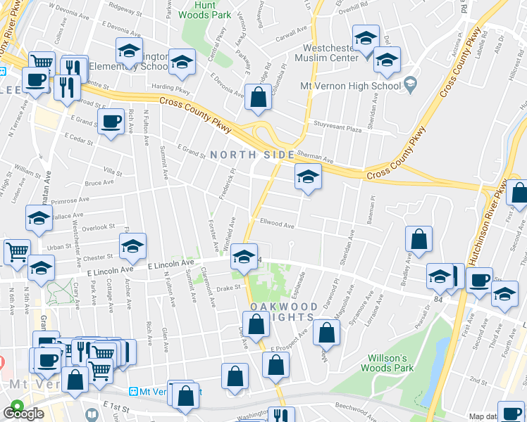 map of restaurants, bars, coffee shops, grocery stores, and more near 295 North Columbus Avenue in Mount Vernon