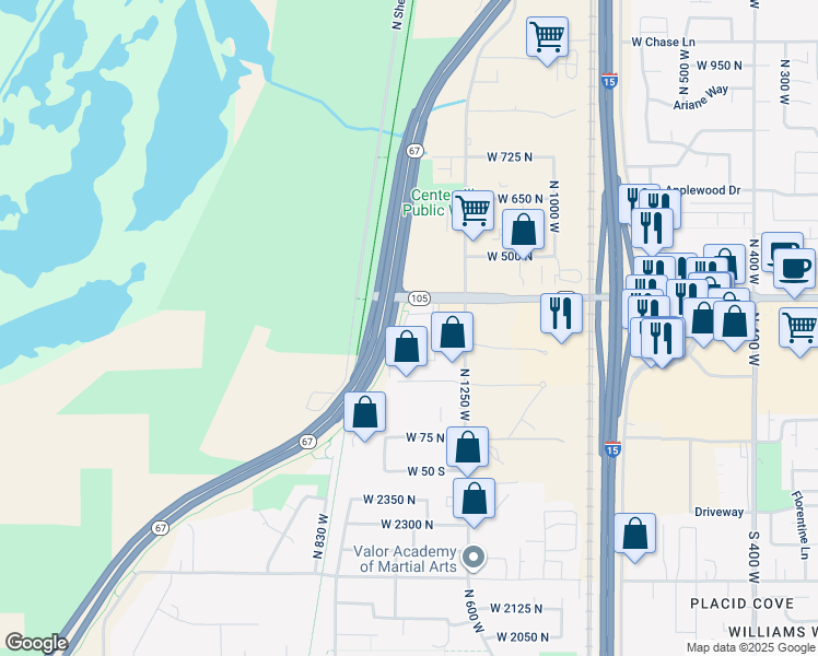 map of restaurants, bars, coffee shops, grocery stores, and more near 305 North 1300 West in Centerville