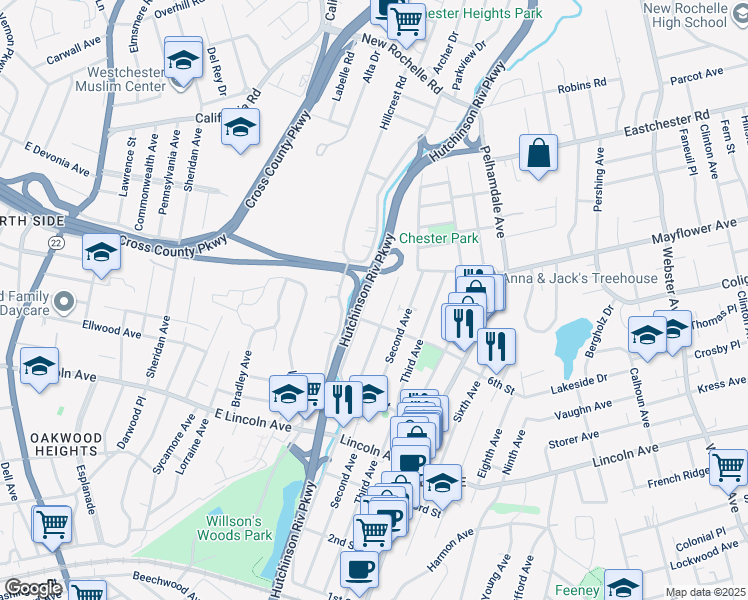 map of restaurants, bars, coffee shops, grocery stores, and more near 508 First Avenue in Village of Pelham