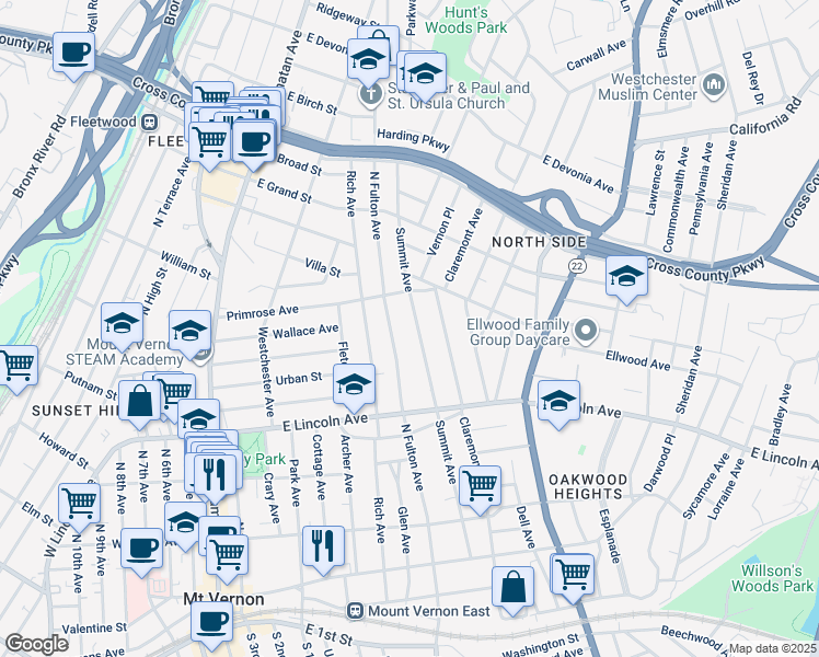 map of restaurants, bars, coffee shops, grocery stores, and more near 251 North Fulton Avenue in Mount Vernon