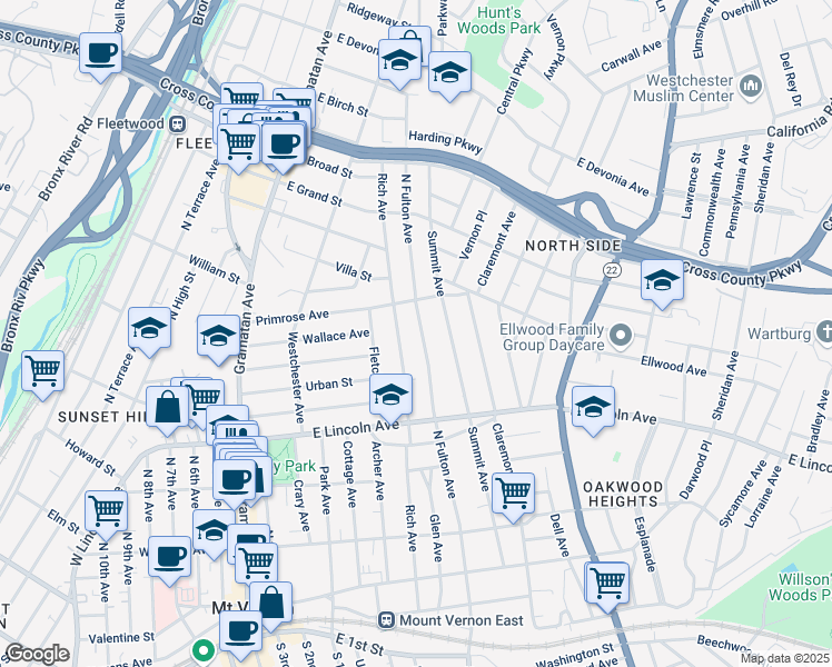 map of restaurants, bars, coffee shops, grocery stores, and more near 256 Rich Avenue in Mount Vernon