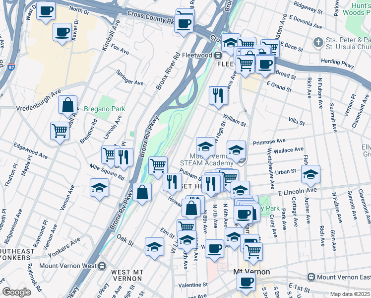 map of restaurants, bars, coffee shops, grocery stores, and more near 417 North MacQuesten Parkway in Mount Vernon