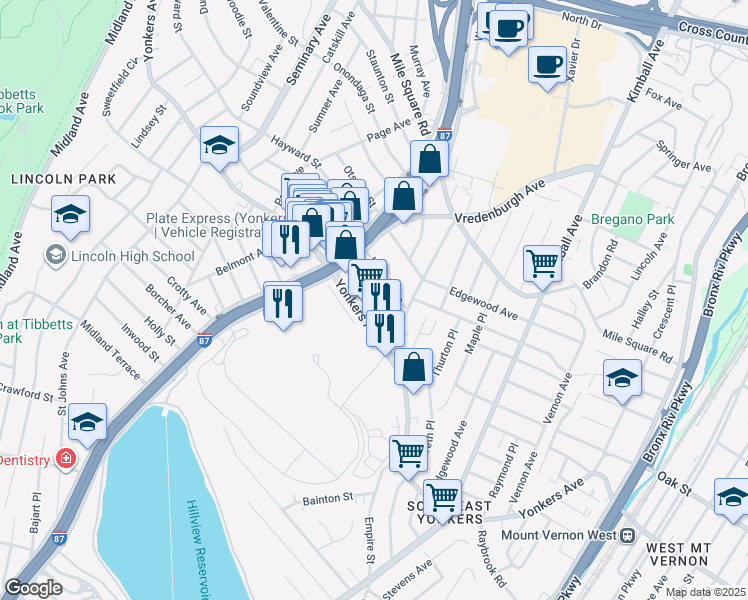 map of restaurants, bars, coffee shops, grocery stores, and more near 869 Yonkers Avenue in Yonkers