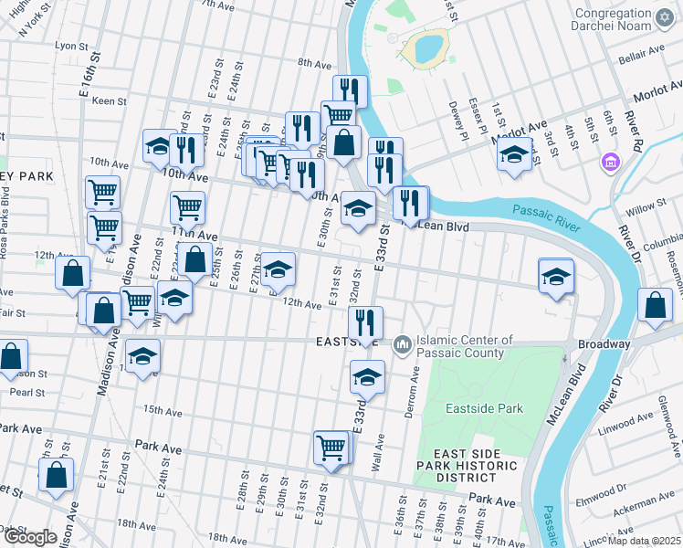 map of restaurants, bars, coffee shops, grocery stores, and more near 162 East 31st Street in Paterson