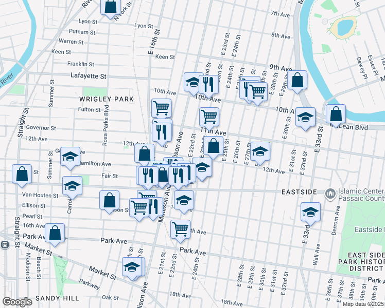 map of restaurants, bars, coffee shops, grocery stores, and more near 597 East 23rd Street in Paterson