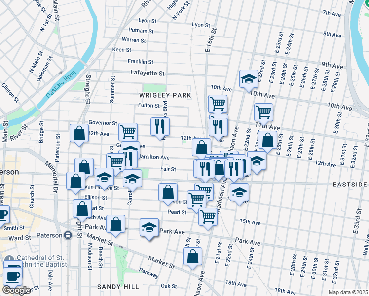 map of restaurants, bars, coffee shops, grocery stores, and more near 341 Hamilton Avenue in Paterson