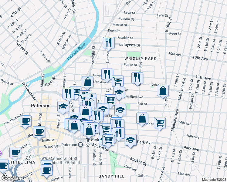 map of restaurants, bars, coffee shops, grocery stores, and more near 2 Lake Street in Paterson