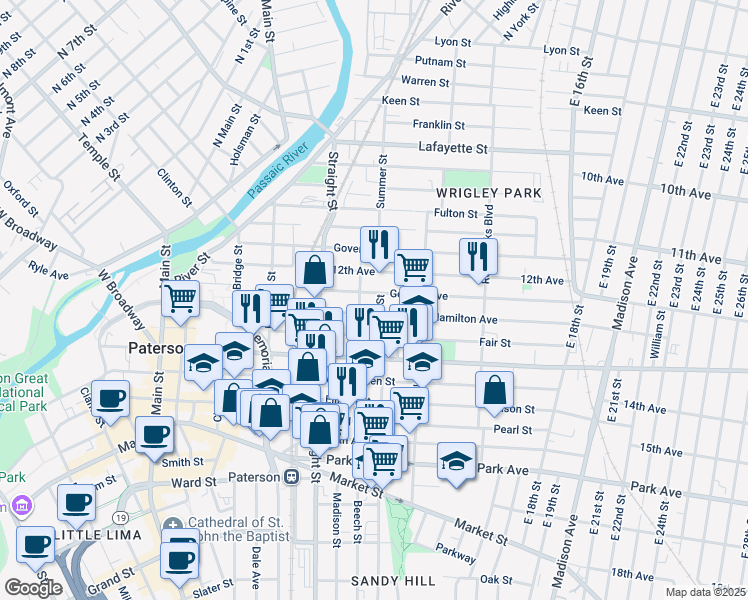 map of restaurants, bars, coffee shops, grocery stores, and more near 63 Auburn Street in Paterson