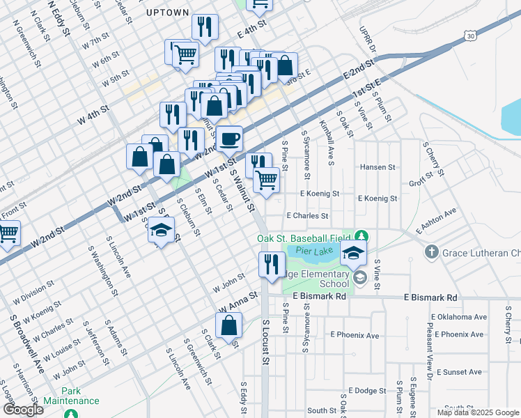 map of restaurants, bars, coffee shops, grocery stores, and more near 401-499 S Walnut St in Grand Island