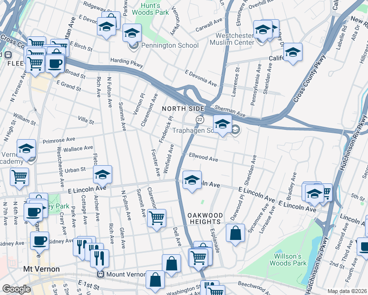 map of restaurants, bars, coffee shops, grocery stores, and more near 12 Ellwood Avenue in Mount Vernon