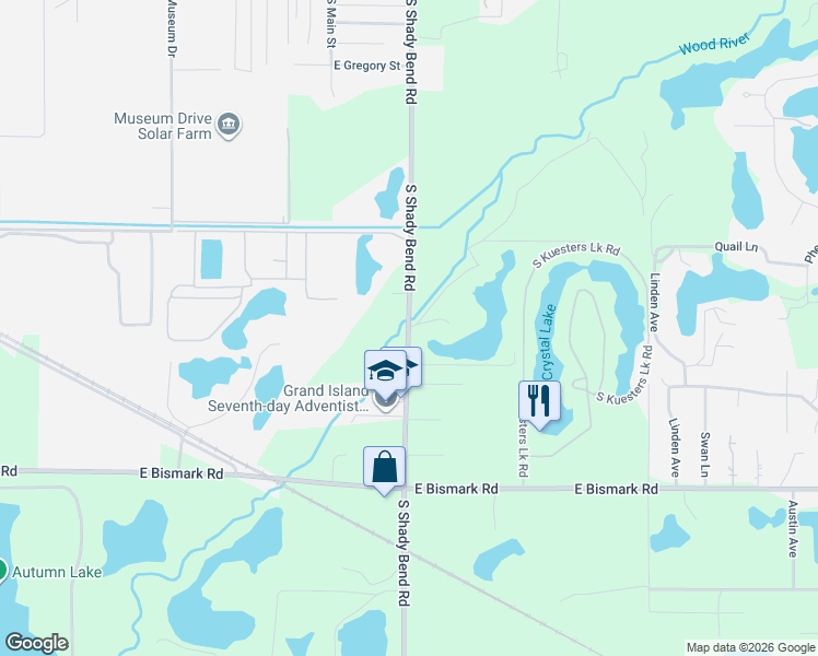 map of restaurants, bars, coffee shops, grocery stores, and more near 517 South Shady Bend Road in Grand Island