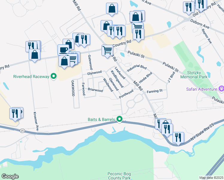 map of restaurants, bars, coffee shops, grocery stores, and more near 4360 Pondwood in Riverhead