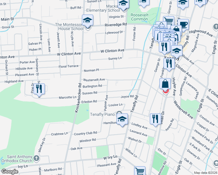 map of restaurants, bars, coffee shops, grocery stores, and more near 96 Sussex Road in Tenafly