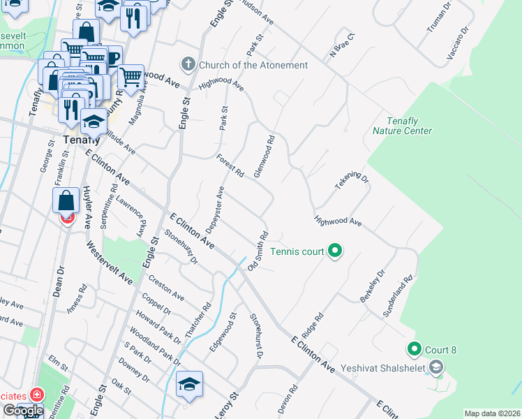 map of restaurants, bars, coffee shops, grocery stores, and more near 44 Old Smith Road in Tenafly