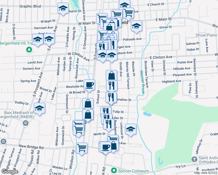 map of restaurants, bars, coffee shops, grocery stores, and more near 233 South Washington Avenue in Bergenfield