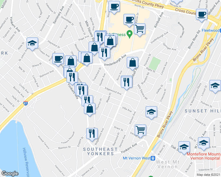 map of restaurants, bars, coffee shops, grocery stores, and more near 158 Edgewood Avenue in Yonkers