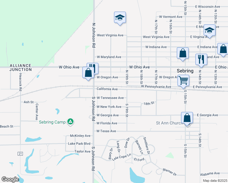 map of restaurants, bars, coffee shops, grocery stores, and more near 587 West California Avenue in Sebring