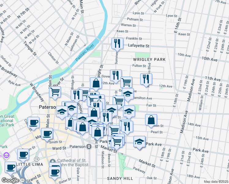 map of restaurants, bars, coffee shops, grocery stores, and more near 63 Auburn Street in Paterson