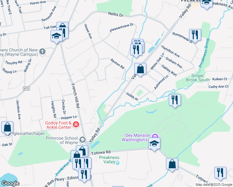 map of restaurants, bars, coffee shops, grocery stores, and more near 172 Valley Road in Wayne
