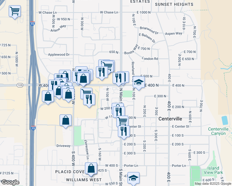 map of restaurants, bars, coffee shops, grocery stores, and more near 269 Park Lane in Centerville