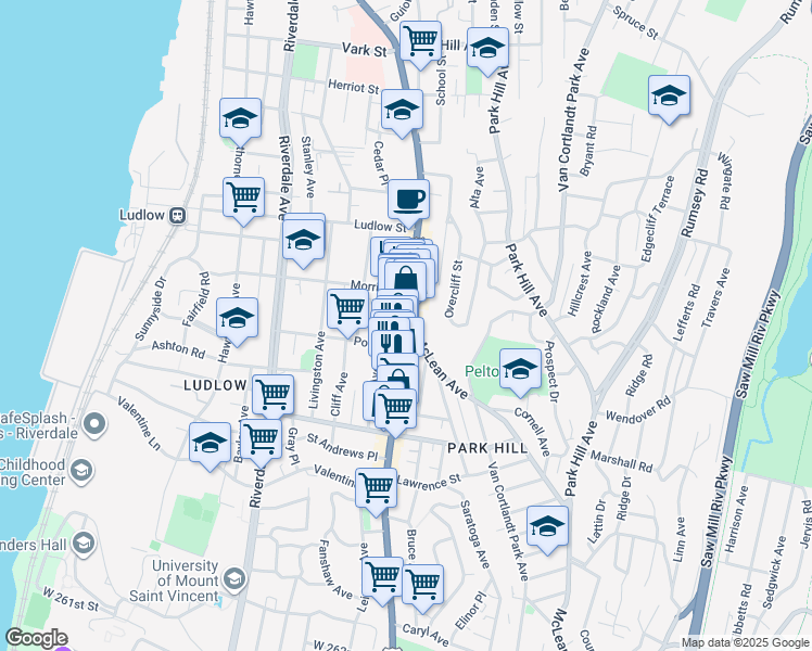map of restaurants, bars, coffee shops, grocery stores, and more near 2 McLean Avenue in Yonkers