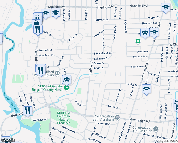map of restaurants, bars, coffee shops, grocery stores, and more near 1075 Boulevard in New Milford