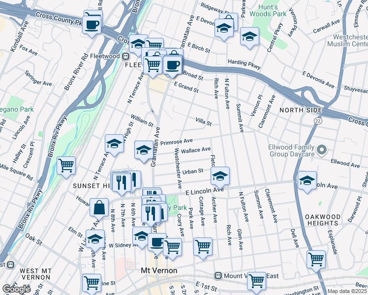 map of restaurants, bars, coffee shops, grocery stores, and more near 119 Overlook Street in Mount Vernon