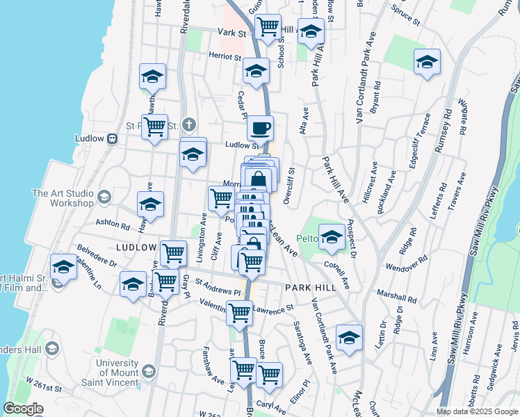 map of restaurants, bars, coffee shops, grocery stores, and more near in Yonkers