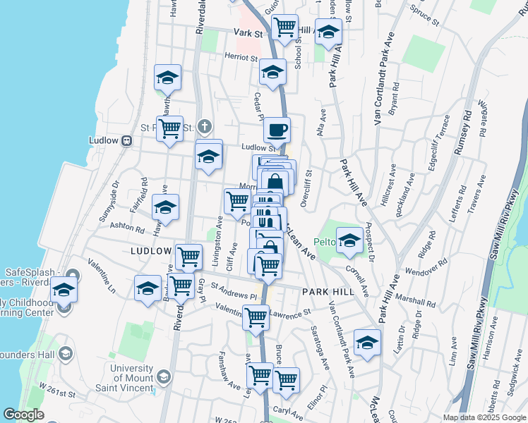 map of restaurants, bars, coffee shops, grocery stores, and more near 26 Post Street in Yonkers