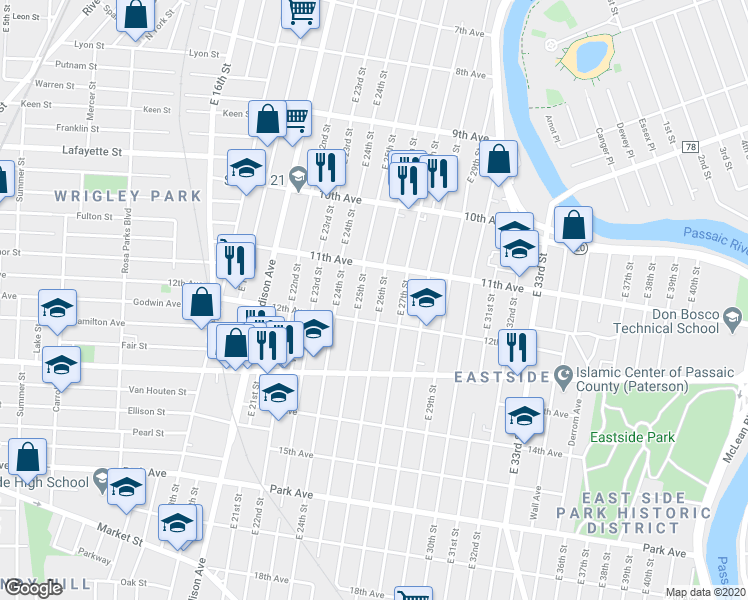map of restaurants, bars, coffee shops, grocery stores, and more near 380 12th Avenue in Paterson