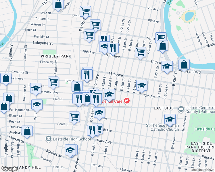 map of restaurants, bars, coffee shops, grocery stores, and more near 597 East 23rd Street in Paterson