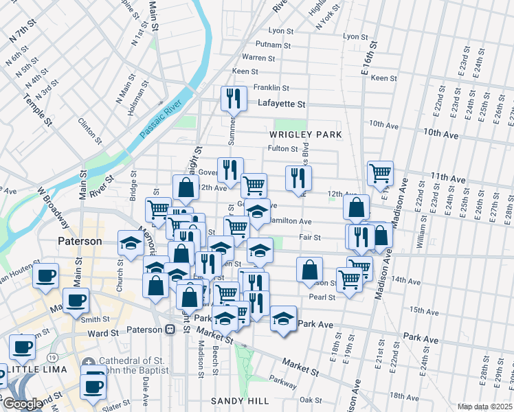 map of restaurants, bars, coffee shops, grocery stores, and more near 137 Carroll Street in Paterson