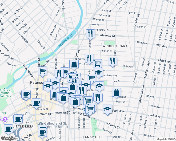map of restaurants, bars, coffee shops, grocery stores, and more near 63 Auburn Street in Paterson