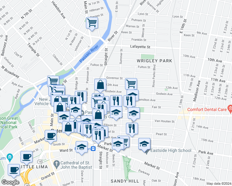 map of restaurants, bars, coffee shops, grocery stores, and more near 63 Auburn Street in Paterson