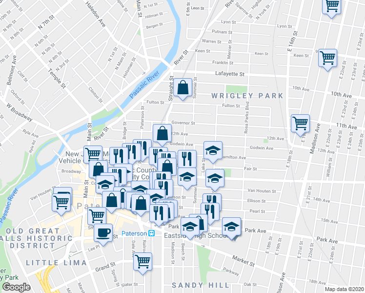 map of restaurants, bars, coffee shops, grocery stores, and more near 63 Auburn Street in Paterson