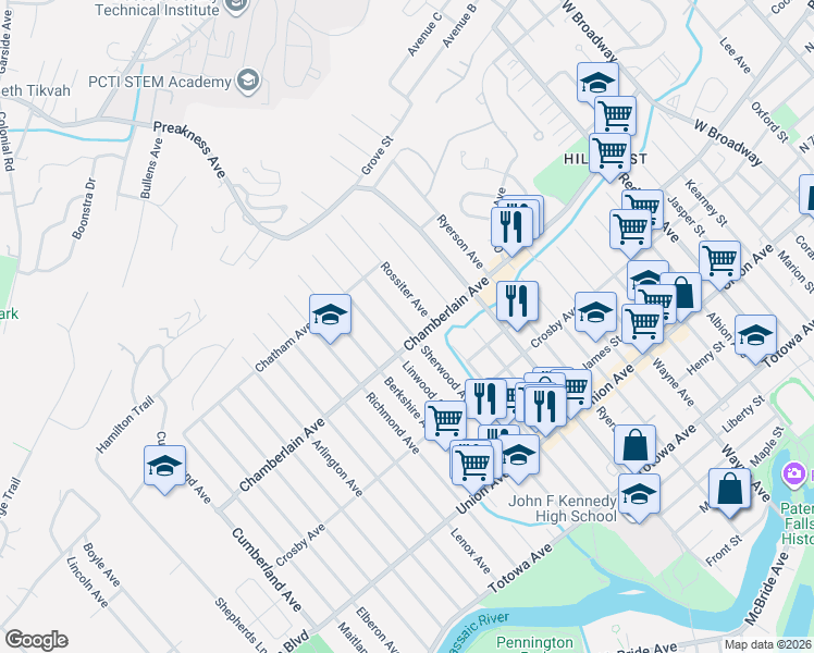 map of restaurants, bars, coffee shops, grocery stores, and more near 197 Sherwood Avenue in Paterson