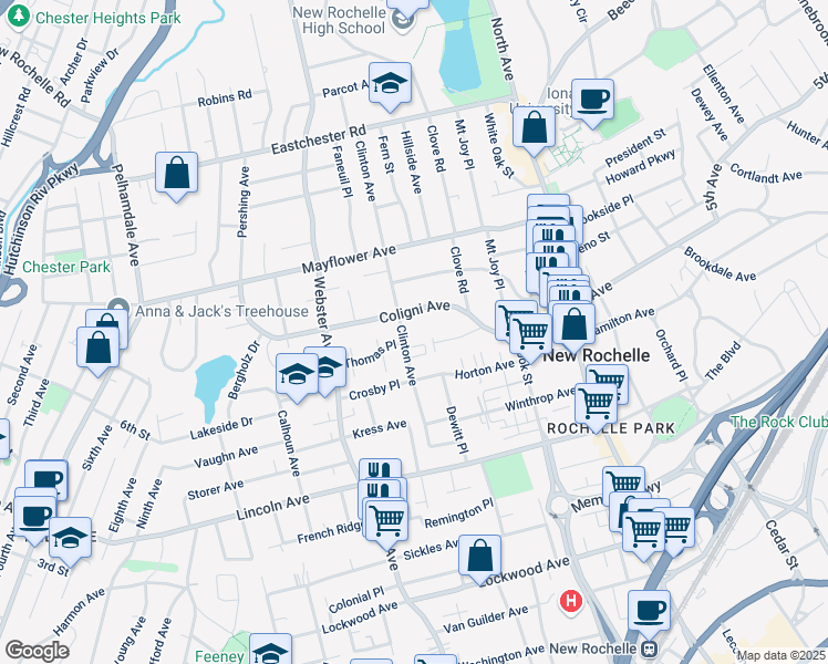 map of restaurants, bars, coffee shops, grocery stores, and more near 100 Clinton Avenue in New Rochelle