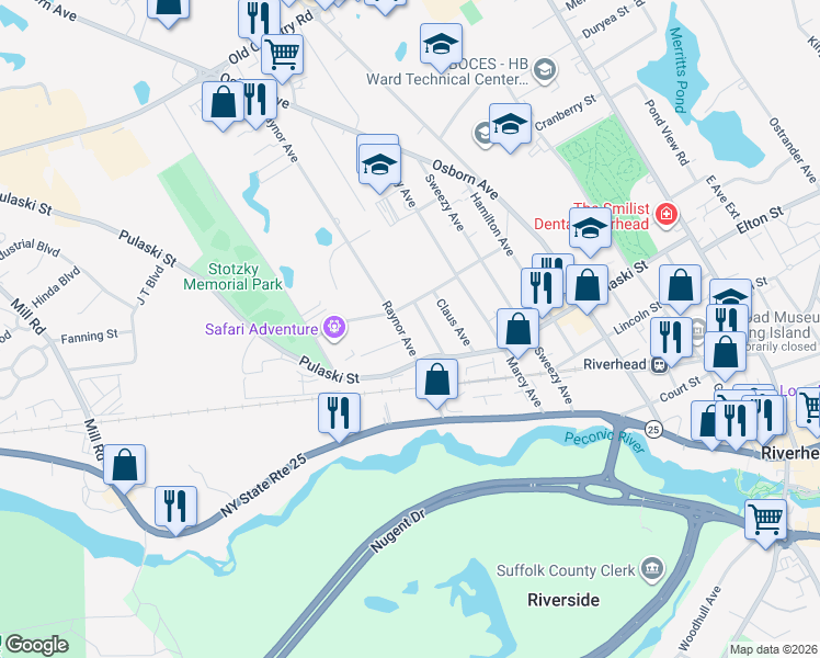 map of restaurants, bars, coffee shops, grocery stores, and more near 1017 West Street in Riverhead