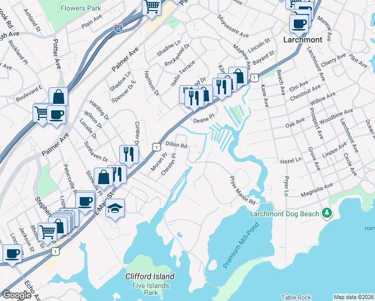 map of restaurants, bars, coffee shops, grocery stores, and more near 21 Pryer Manor Road in Larchmont