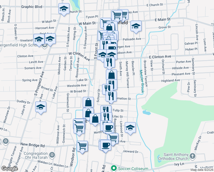 map of restaurants, bars, coffee shops, grocery stores, and more near 28 West Broad Street in Bergenfield