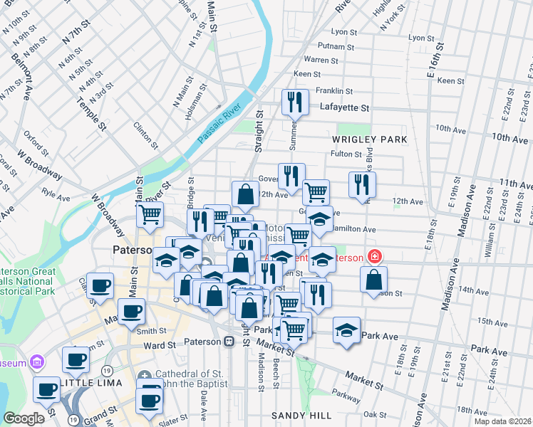 map of restaurants, bars, coffee shops, grocery stores, and more near 63 Auburn Street in Paterson